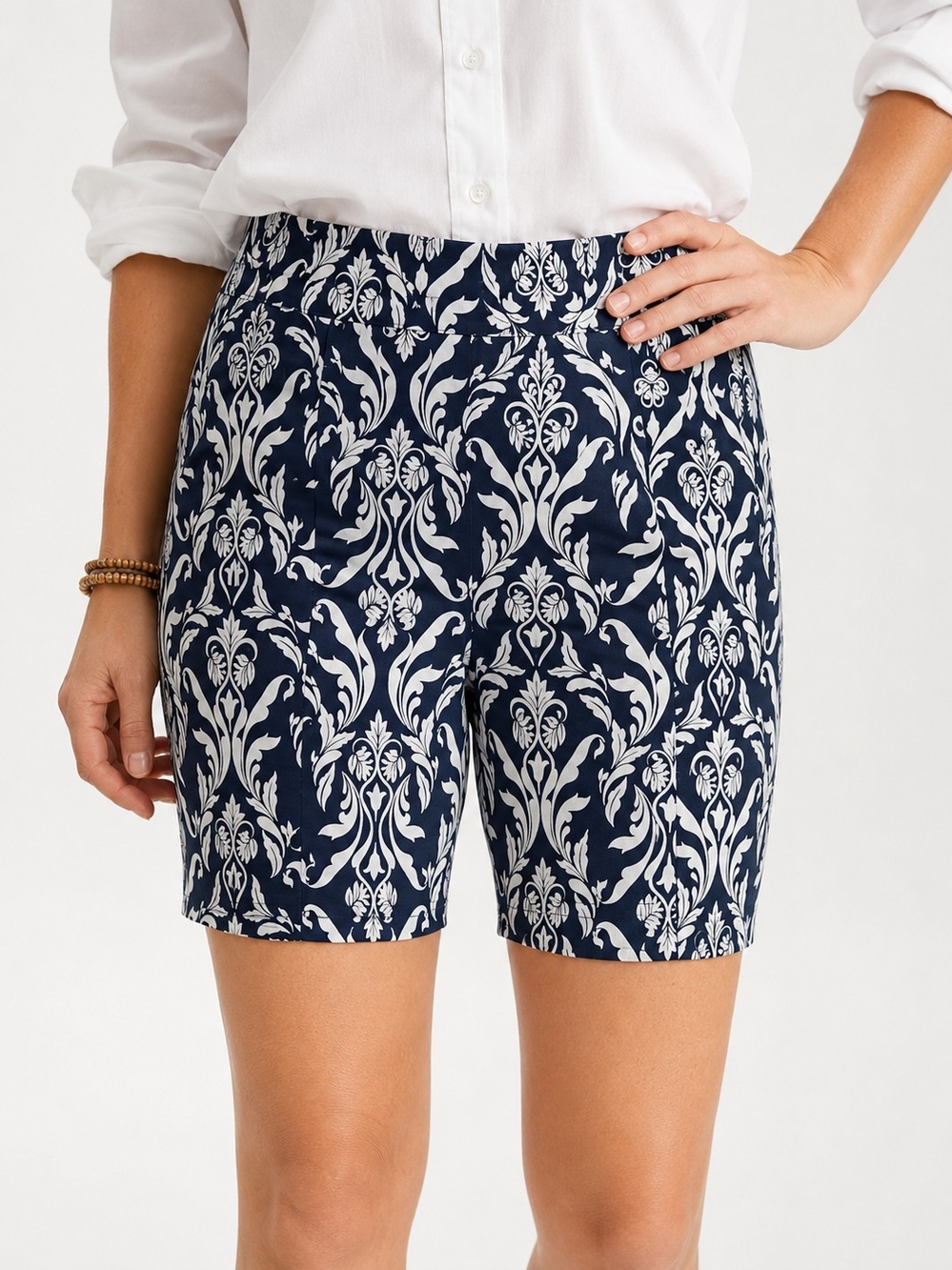 Chico's Navy & White Damask-Print Bermuda Shorts